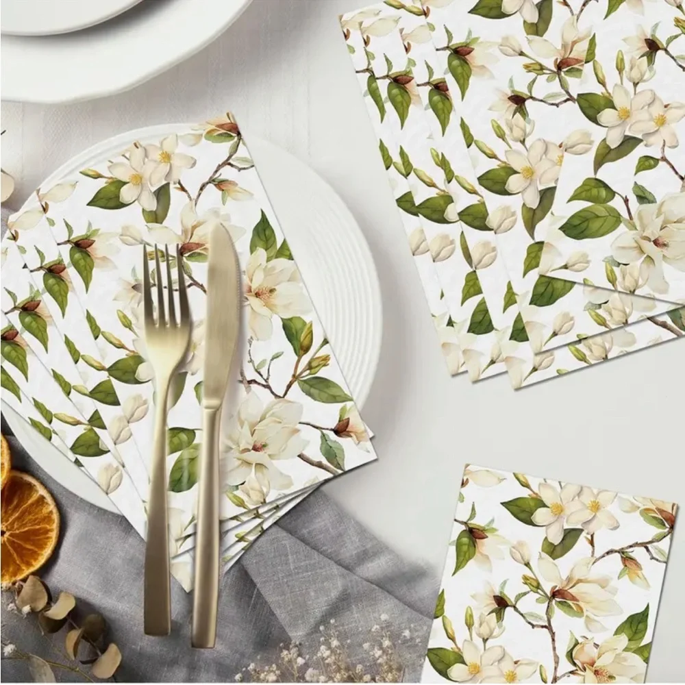 Set of 100 Magnolia Floral Themed Dinner Napkin Guest Towels for Large Party